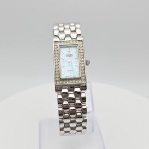 Vtg GRUEN Ladies Watch Mother Of Pearl Crystal Accent Silver Tone 7" New Battery